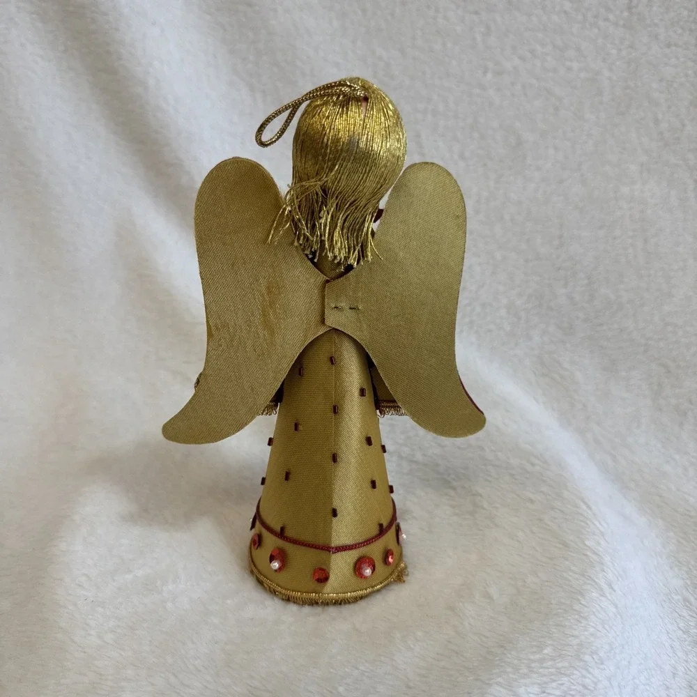 Vintage Gold Fabric Angel Christmas‎ Tree Topper Ornament Sequin Bead MCM